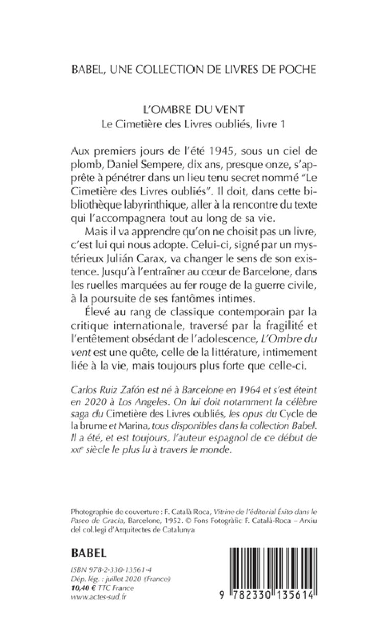 LE CIMETIERE DES LIVRES OUBLIES - T01 - L-OMBRE DU VENT - LE CIMETIERE DES LIVRES OUBLIES 1 - ZAFON CARLOS RUIZ - ACTES SUD